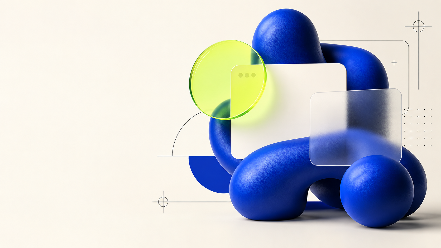 Composition graphique originale DENOMANIA : volumes bleus, formes citron vert et cartes d’interface