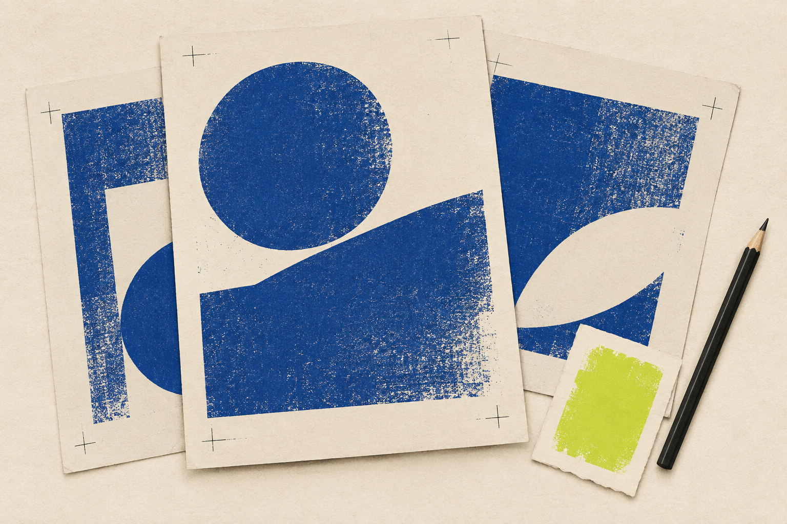 Épreuves graphiques imprimées en bleu, crayon et échantillon de couleur